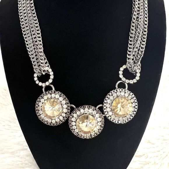 JCPENNEY'S‎ FAUX CITRINE RHINESTONE GLASS SILVER TONE CHOKER LAYERED NECKLACE - Picture 1 of 9